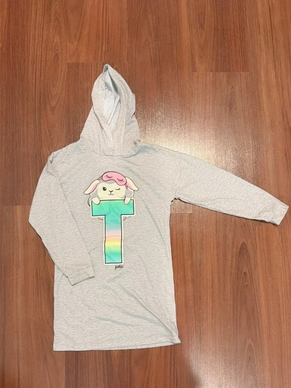 Justice Girls Gray Hooded Long Sleeve Graphic Dress Size 8 Letter T